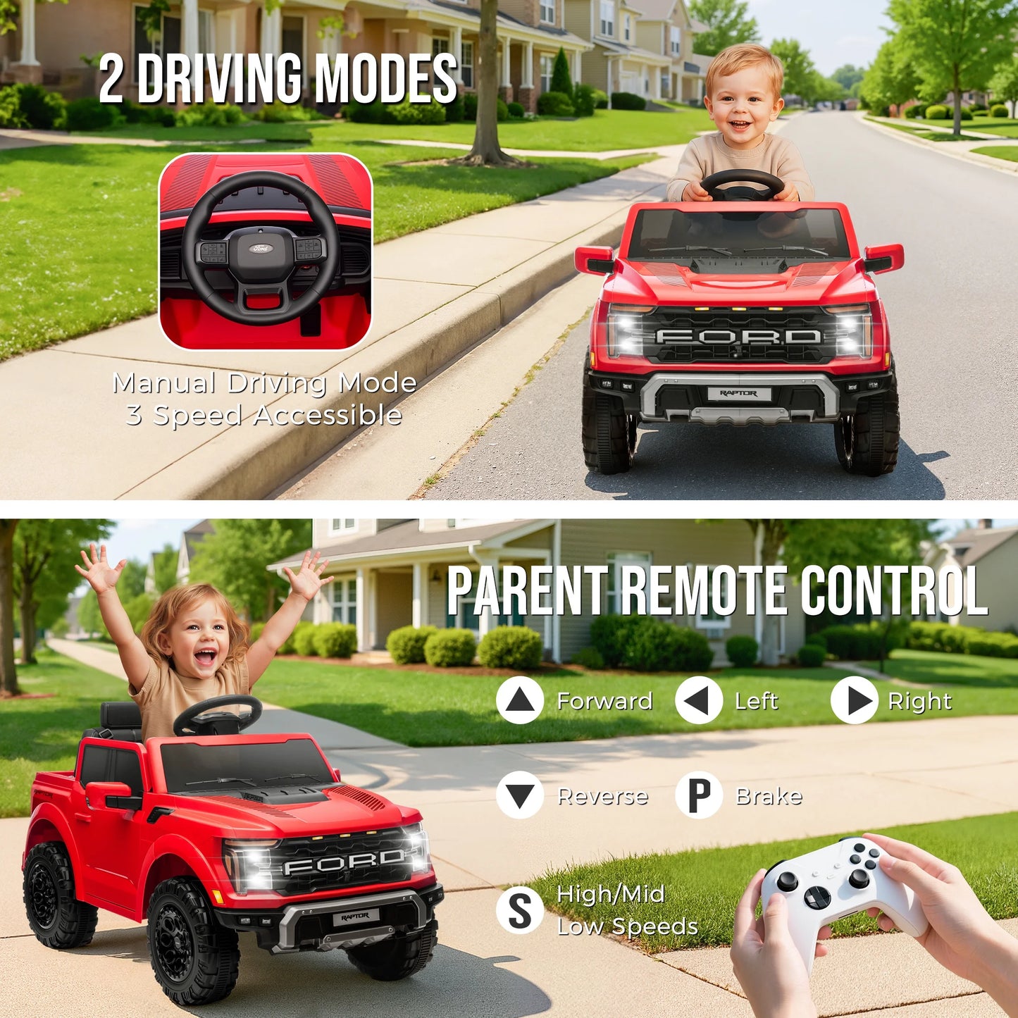 12V Ride on Cars with Remote Control, Licensed Ford F 150 Raptor Powered Ride on Toys with Bluetooth, Radio, LED Light, 4 Wheels Suspension, Kids Cars Electric Vehicles for Boys Girls Ages 3-6, Red