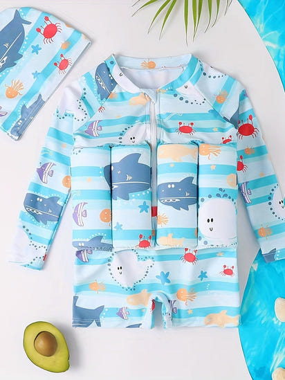 SplashSafe Kids' Buoyancy Swimsuit: Cartoon Print One-Piece Swimwear with Floating Rash Guards - The Little Big Store