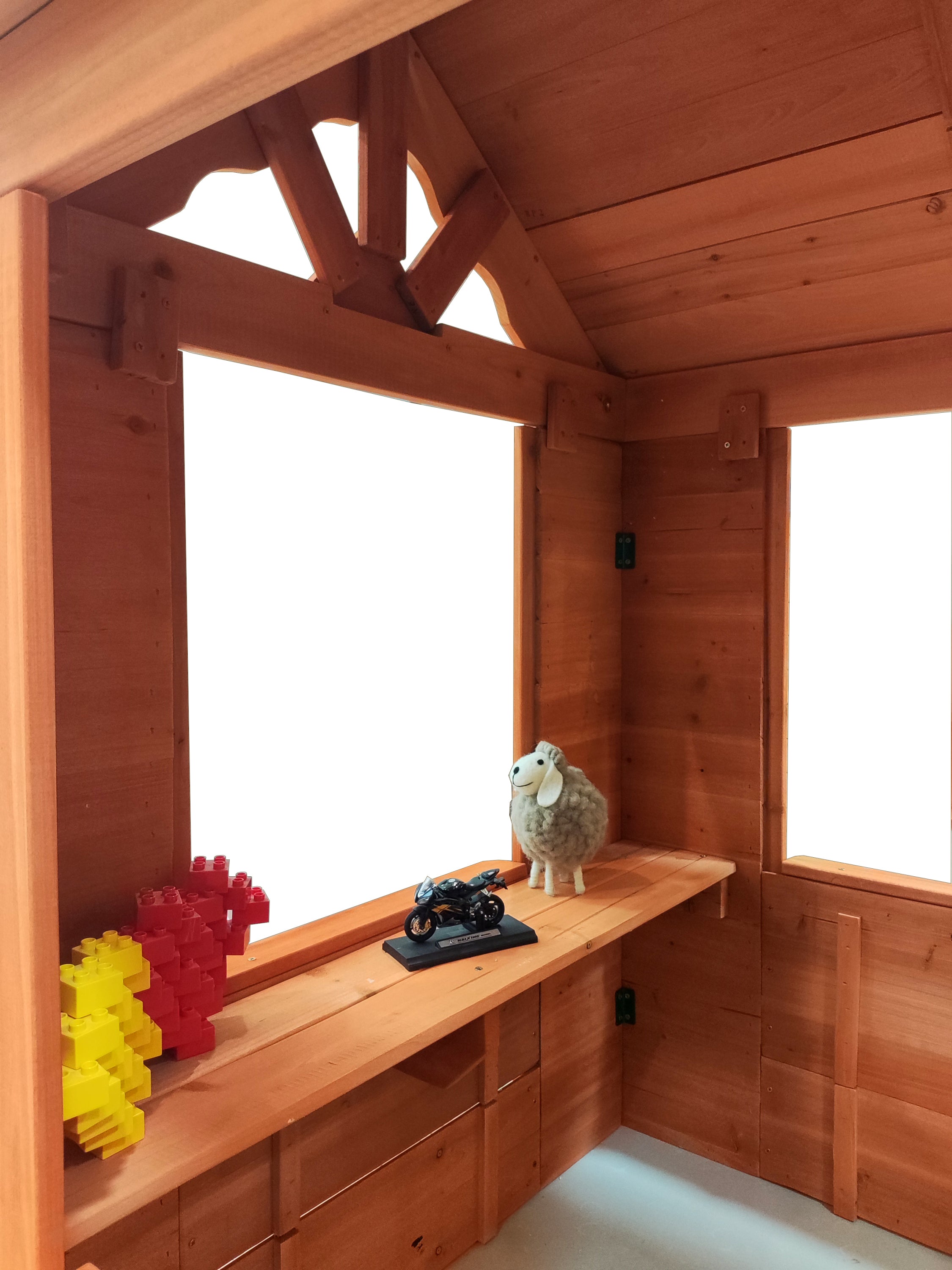 Wooden Kids Playhouse with 2 windows and flowerpot holder,42'Lx46'Wx55'H,Golden Red