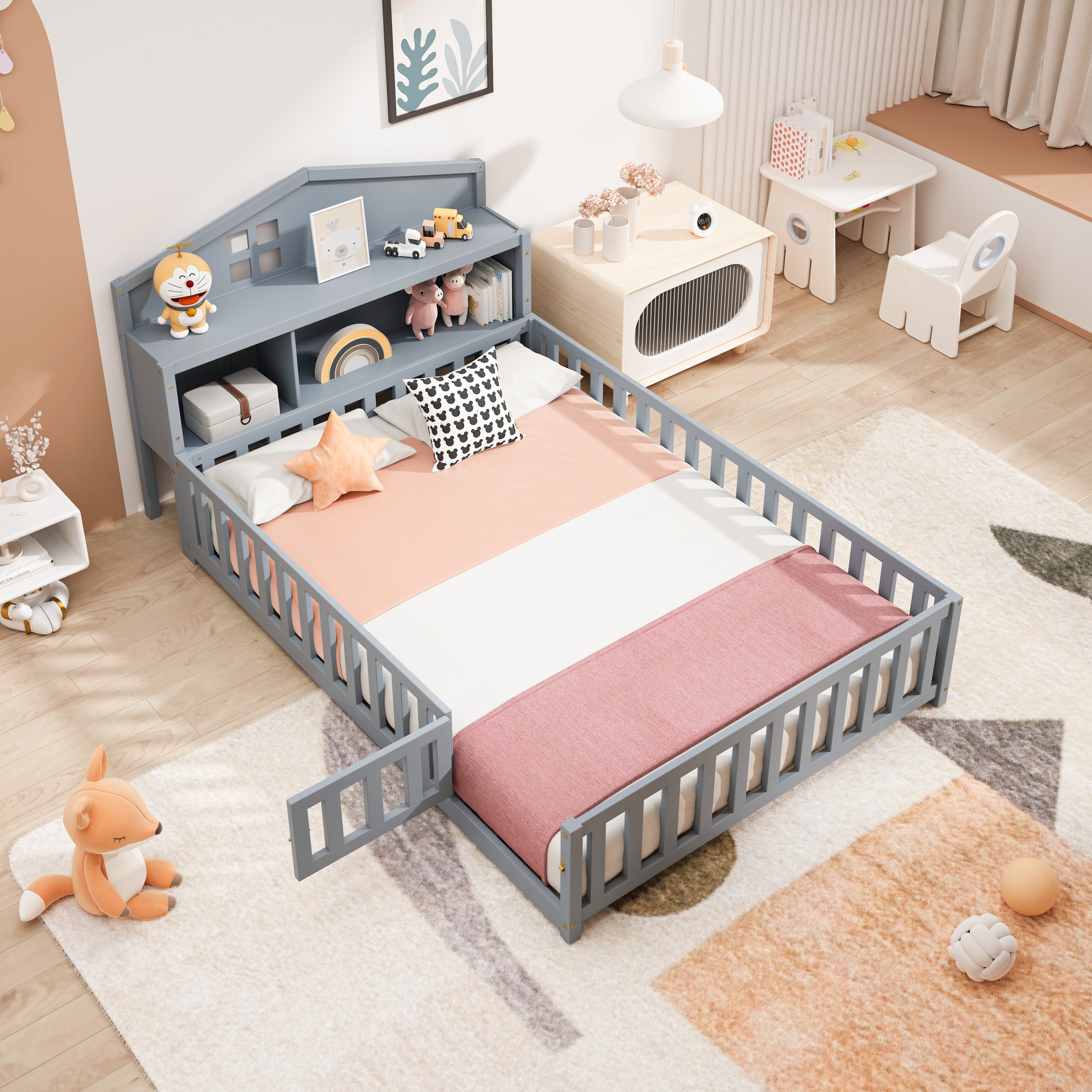 Full-size Montessori Floor Bed with Bookcases and Blackboards, Versatile Platform Beds with Guard rails, Solid Wood Floor Beds with Storage Headboards, Floor Beds for Kids and Teens Grey