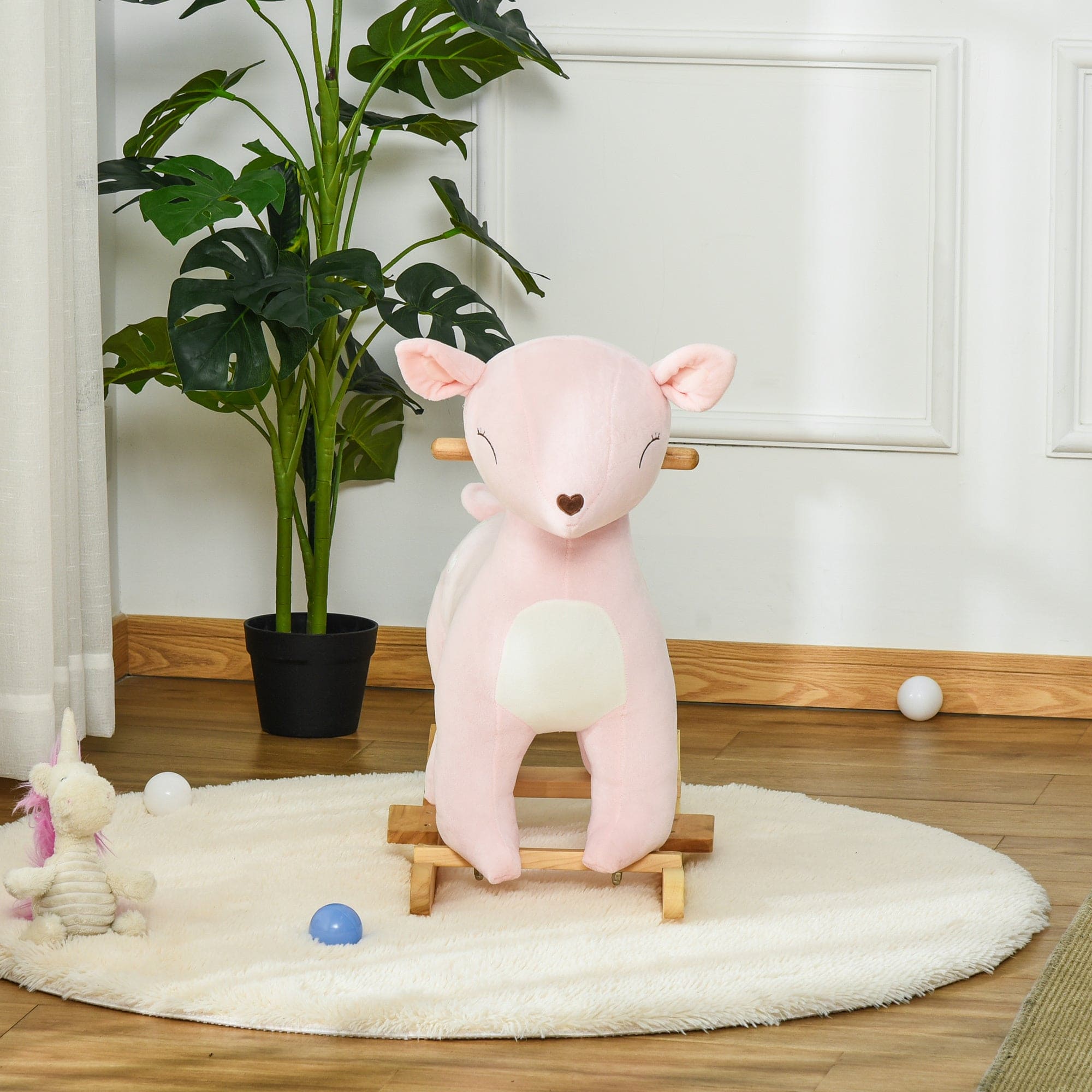 Qaba Kids Plush Ride-On Rocking Horse Deer-shaped Plush Toy Rocker with Realistic Sounds for Child 36-72 Months Pink - The Little Big Store