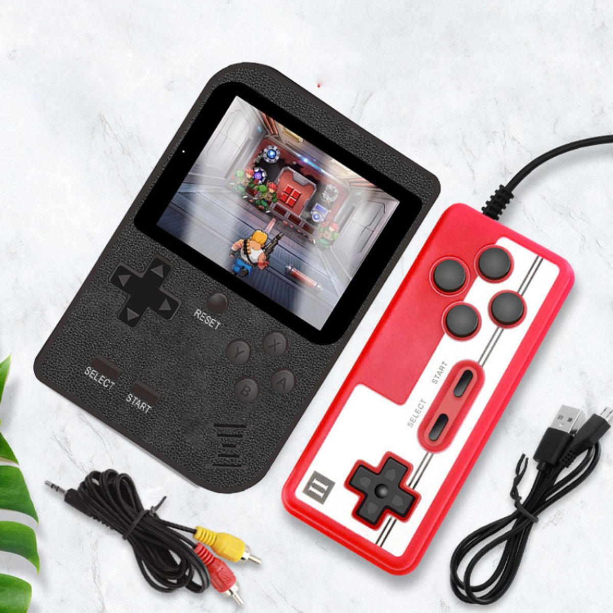 Handheld game console with a red controller on a light gray background
