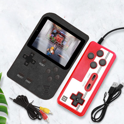 Handheld game console with a red controller on a light gray background