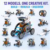 Twelve rebuildable solar robot models made from one STEM kit