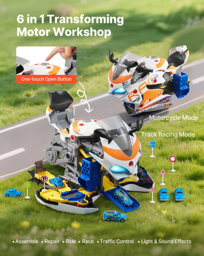 MotoMaster™ Deluxe 25-Piece Kids Motorcycle Mechanic Workshop – Interactive Engine Repair Playset with Lights, Sounds, Racing Track & Tool Set for Ages 3+