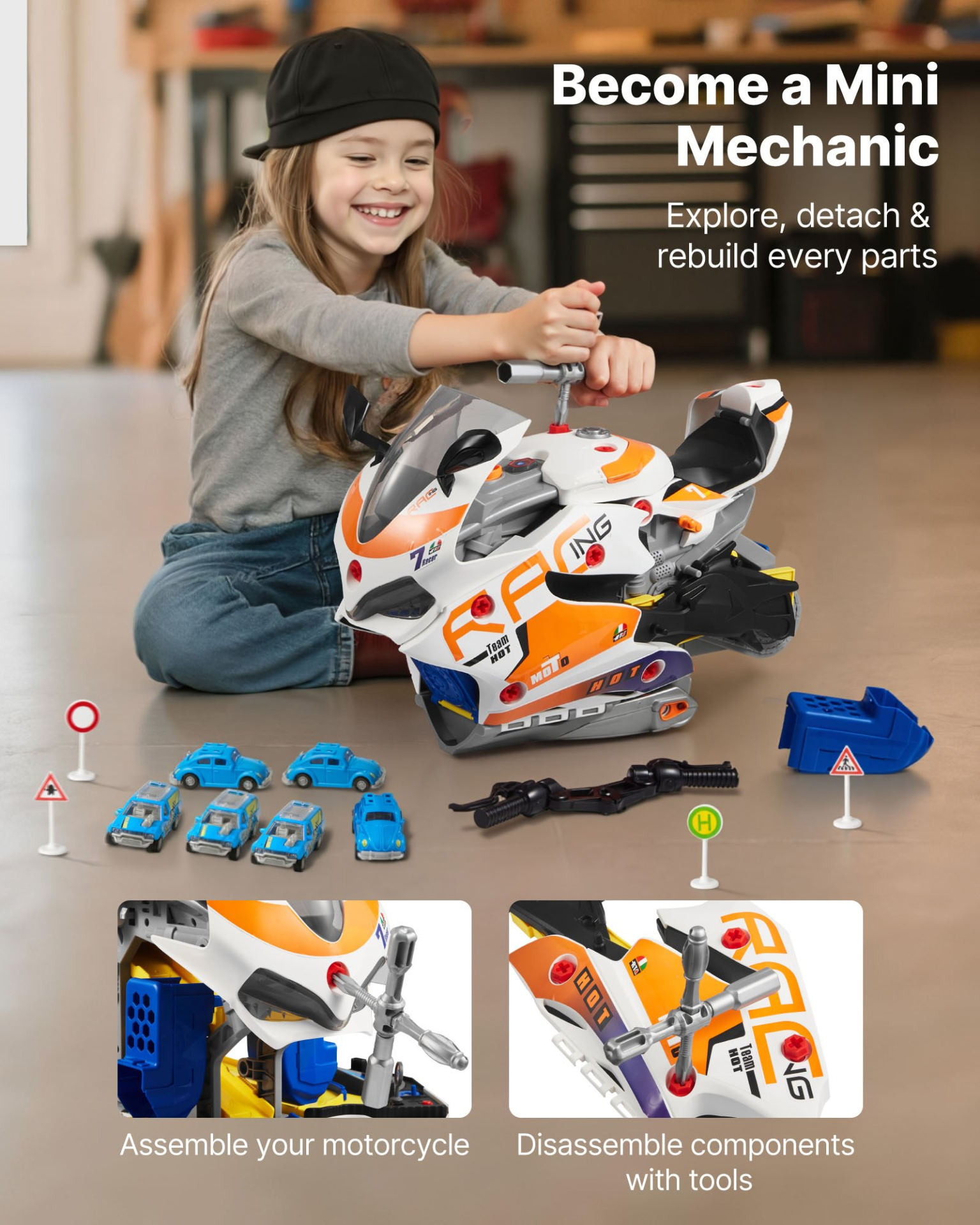 VEVOR Motorcycle Engine Toy, 25 Pieces, Motorcycle Mechanic Toy with Removable Parts, Lights & Sounds, Simulated Riding & Track Racing, Kids Mechanic Workshop Set for Toddler 3 Years and Up, Yellow