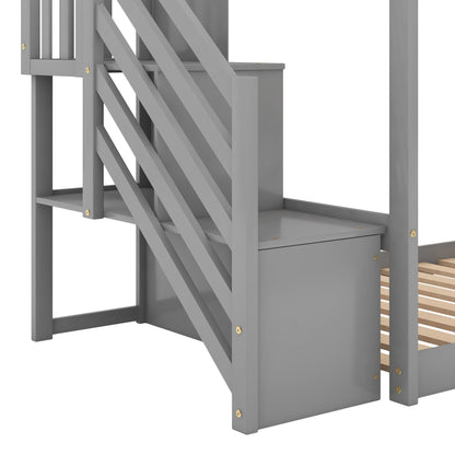 Twin over Twin Bunk Bed with Convertible Slide and Stairway, Gray - The Little Big Store