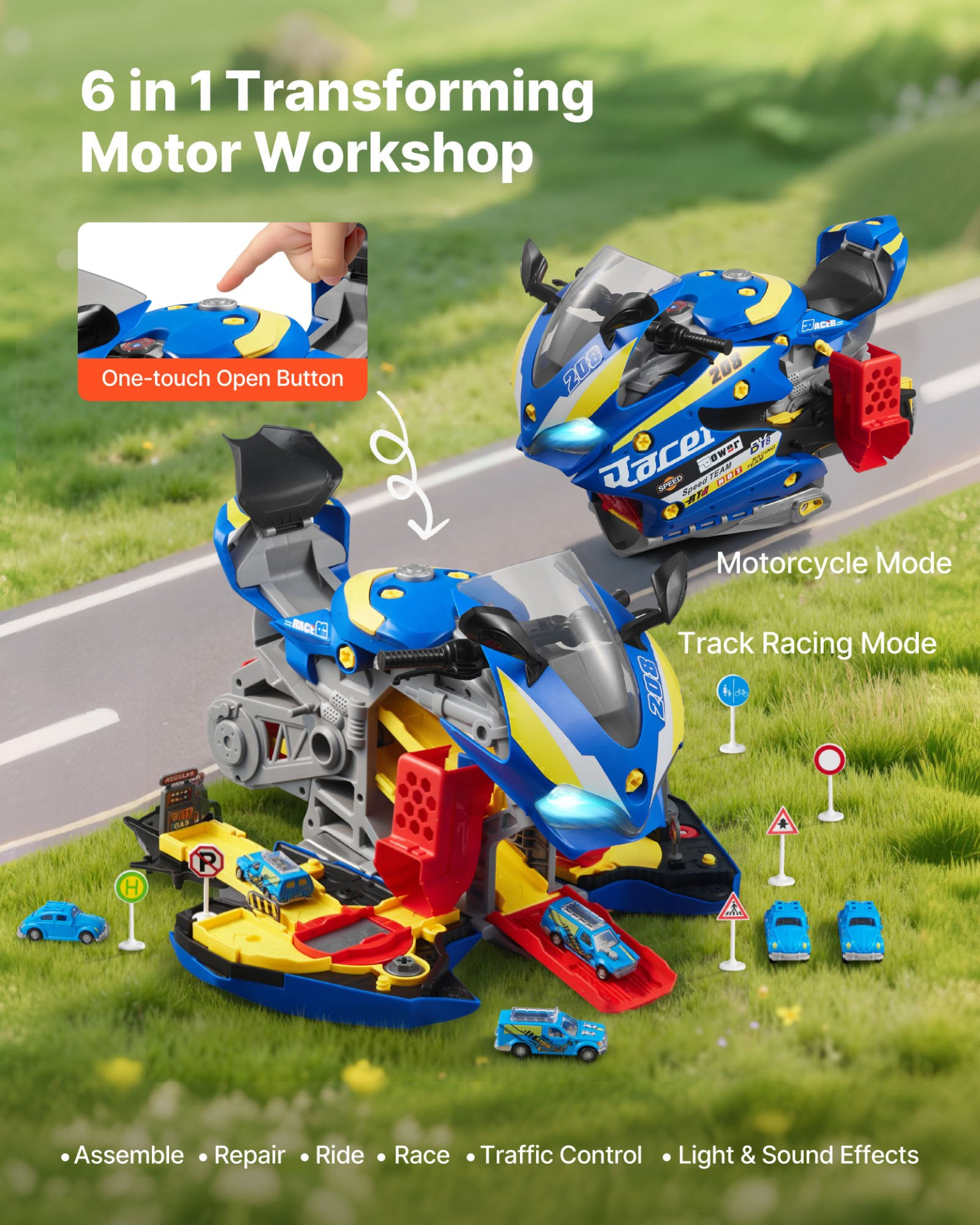 VEVOR Motorcycle Engine Toy, 25 Pieces, Motorcycle Mechanic Toy with Removable Parts, Lights & Sounds, Simulated Riding & Track Racing, Kids Mechanic Workshop Set for Toddler 3 Years and Up, Blue