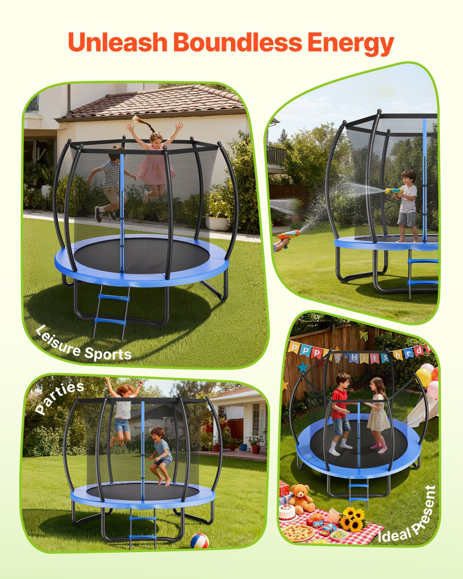 8FT Outdoor Trampoline with Safety Enclosure | Heavy-Duty Backyard Trampoline for Kids & Adults