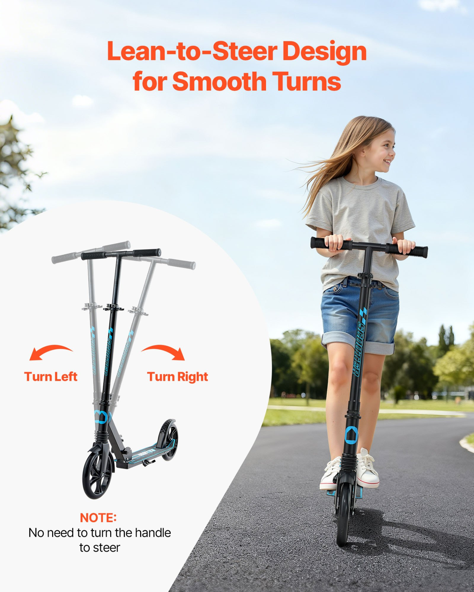 Kick Scooter for Kids, Teens & Adults – Adjustable Foldable 2-Wheel Scooter (Black + Blue)