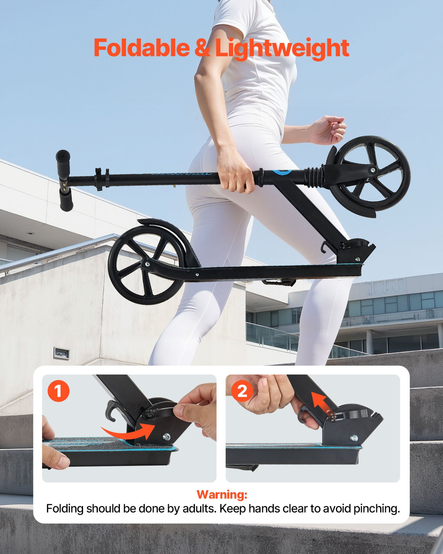 Kick Scooter for Kids, Teens & Adults – Adjustable Foldable 2-Wheel Scooter (Black + Blue)
