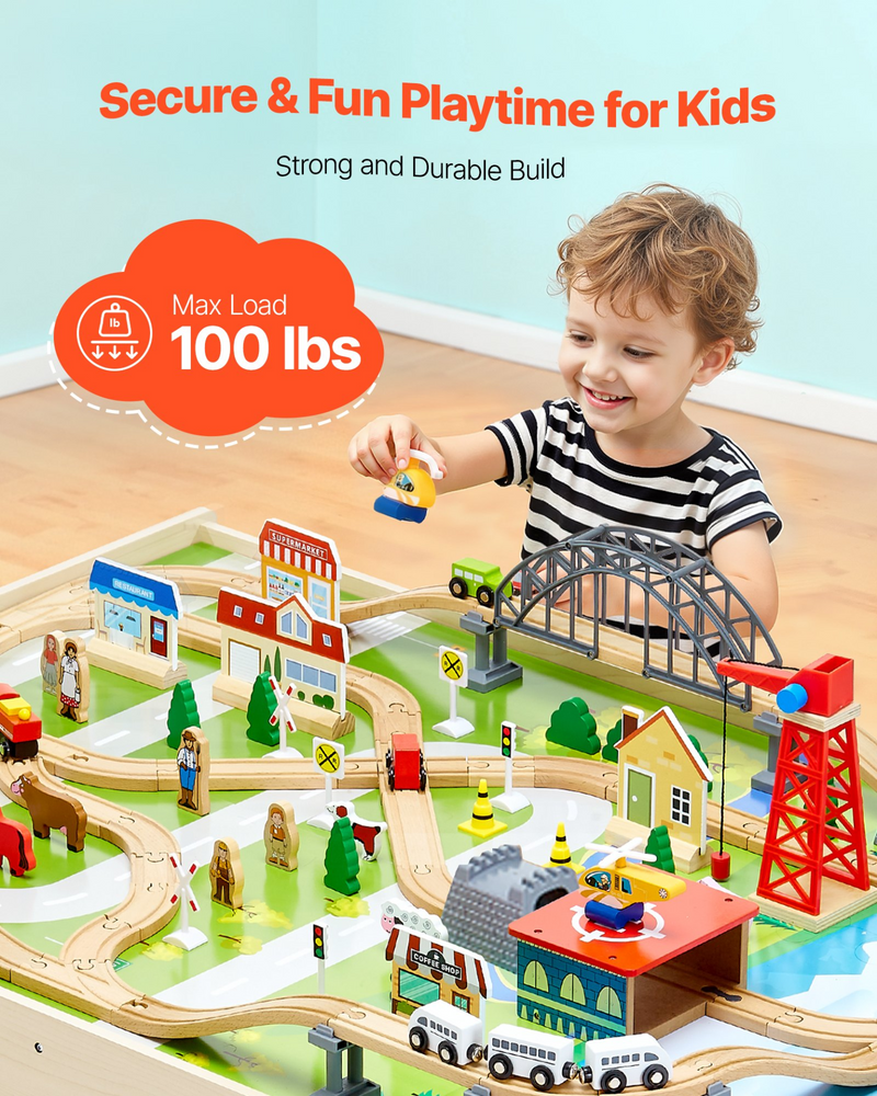 3-in-1 Wooden Train Table Set – 120 Piece Activity Table with Storage Bin for Building, Drawing, Reading & Creative Play