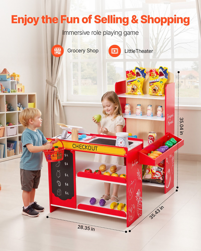 LittleShopper™ Deluxe Wooden Grocery Store Playset – Interactive Pretend Supermarket with Cash Register, Scanner, Shopping Bag & Checkout Counter