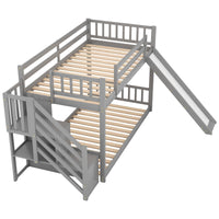 Twin over Twin Bunk Bed with Convertible Slide and Stairway, Gray - The Little Big Store