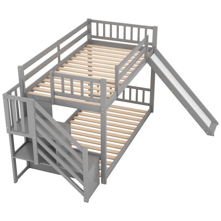 Twin over Twin Bunk Bed with Convertible Slide and Stairway, Gray - The Little Big Store