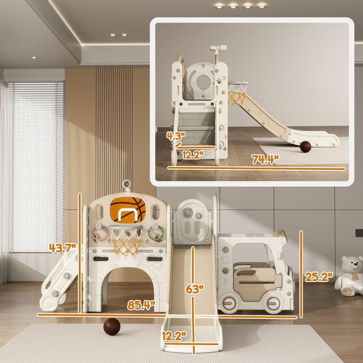 Qaba 9 in 1 Toddler Slide, Indoor Slide for Kids Ages 1-6, Car Themed Baby Slide with Basketball Hoop, Climber, Storage Space, Ring Toss, Telescope, Tunnel, Cream White - The Little Big Store