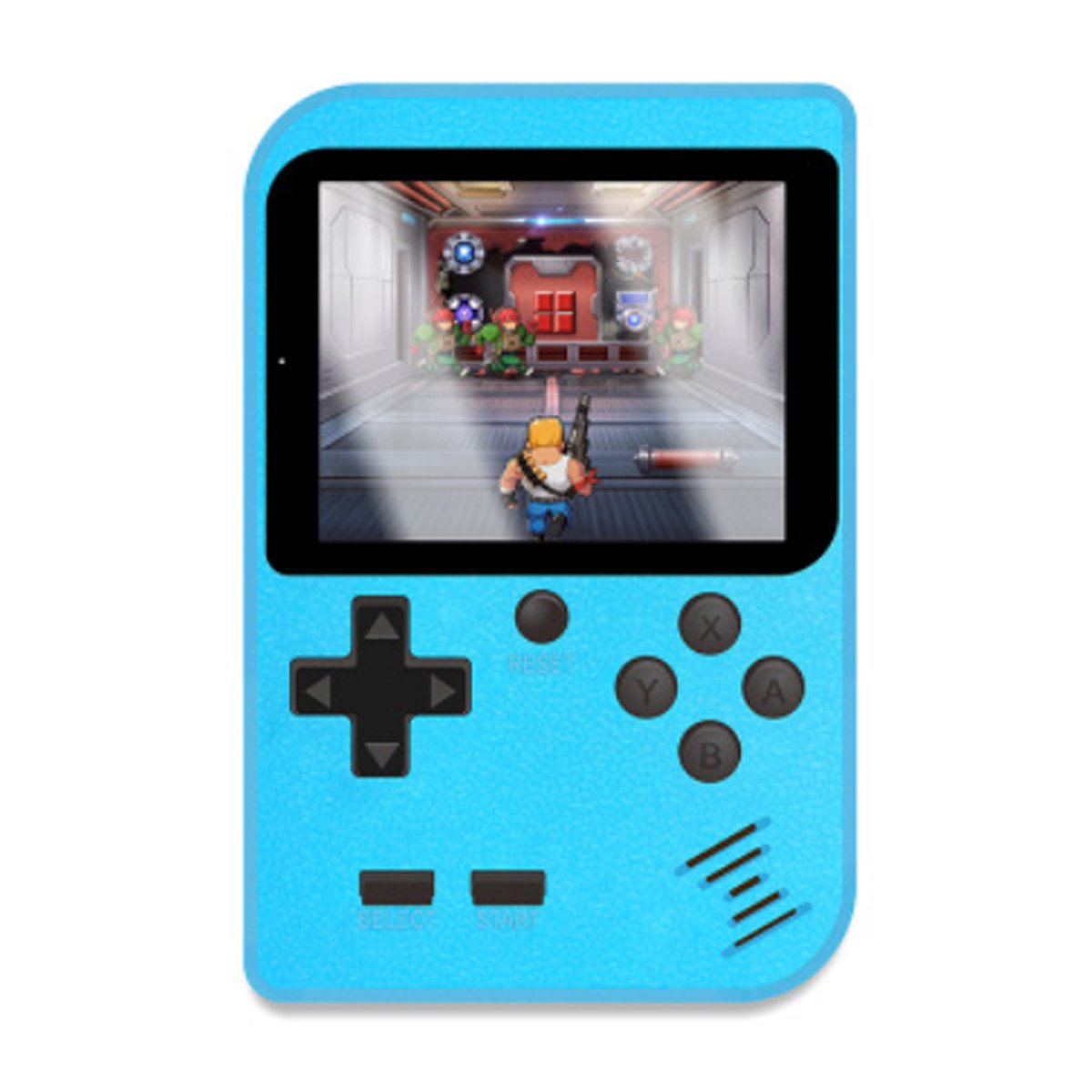 Blue handheld gaming console with a screen displaying a video game.
