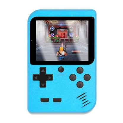 Blue handheld gaming console with a screen displaying a video game.