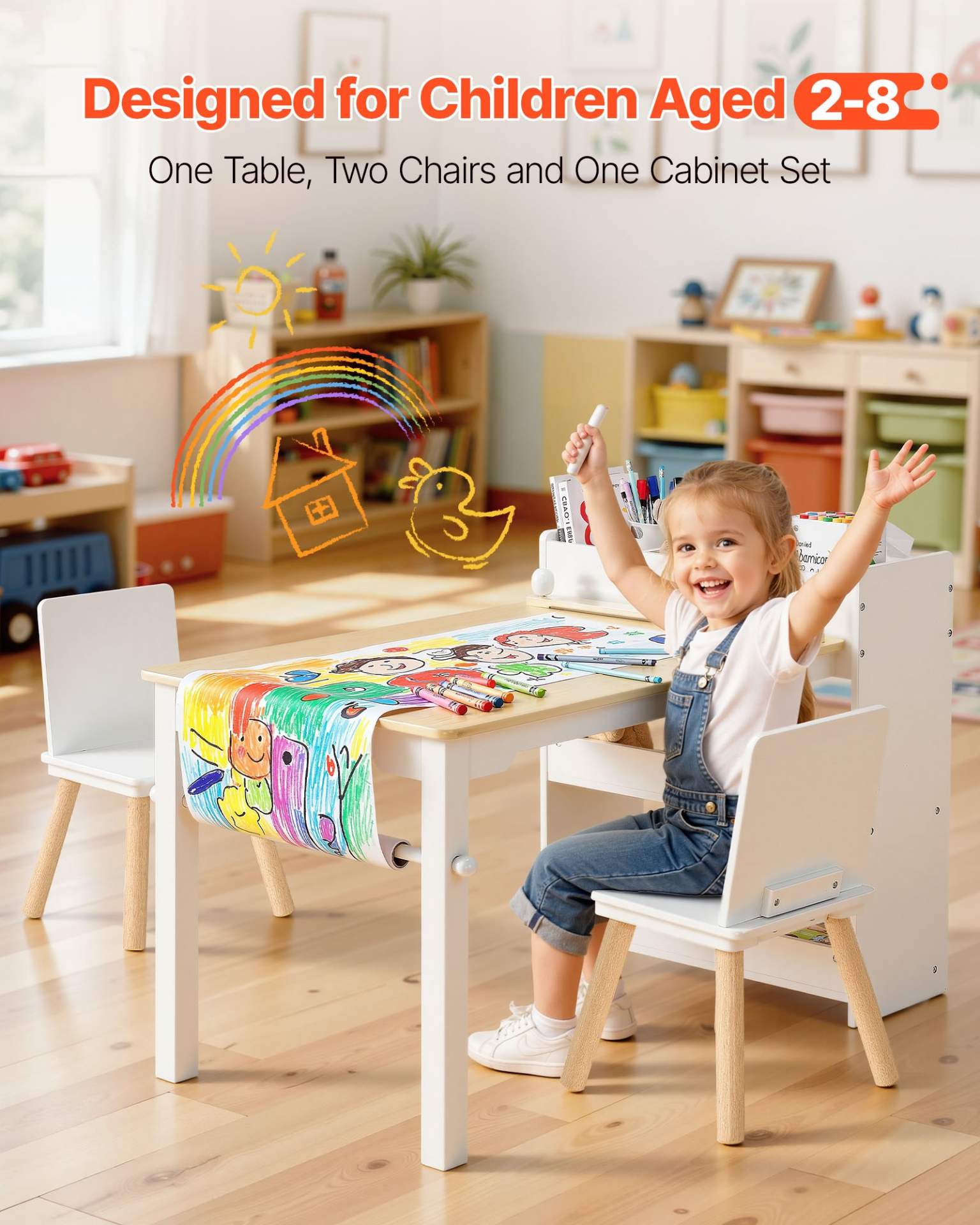 Kids Art Table and Chair Set with Storage Cabinet – Wooden Activity Desk for Learning & Creativity (White)