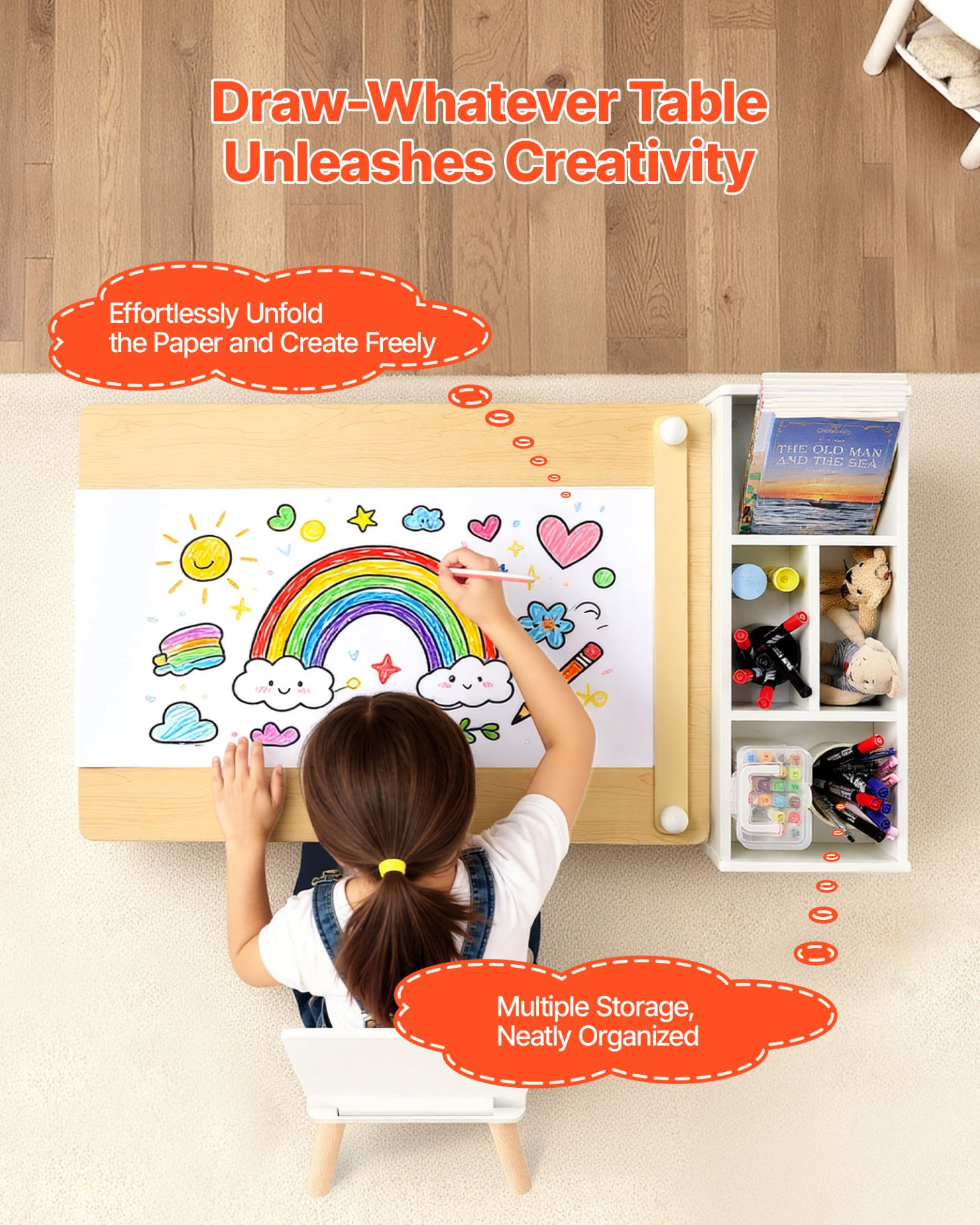 Kids Art Table and Chair Set with Storage Cabinet – Wooden Activity Desk for Learning & Creativity (White)