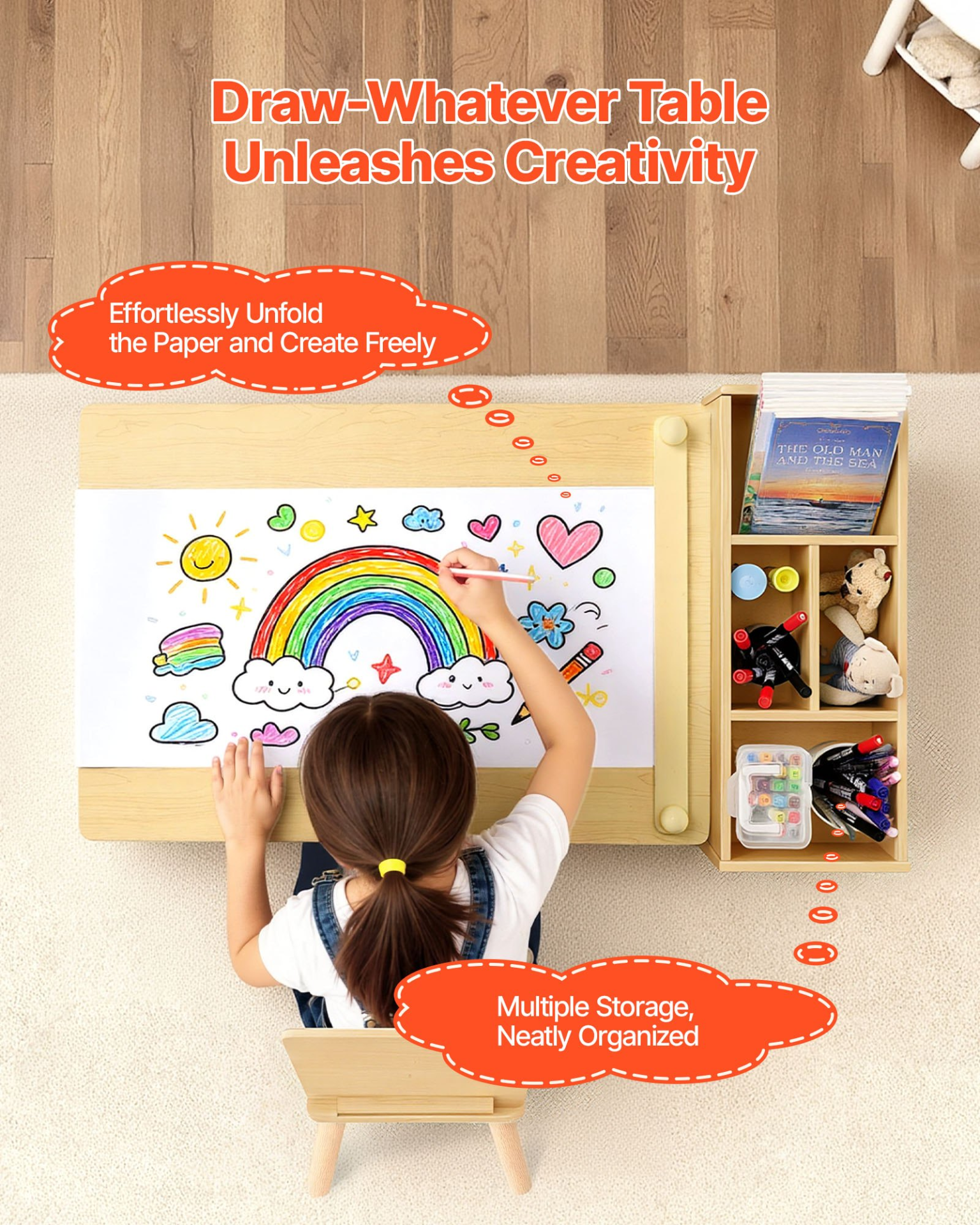 Kids Art Table and Chair Set with Storage Cabinet – Wooden Activity Desk for Learning & Drawing