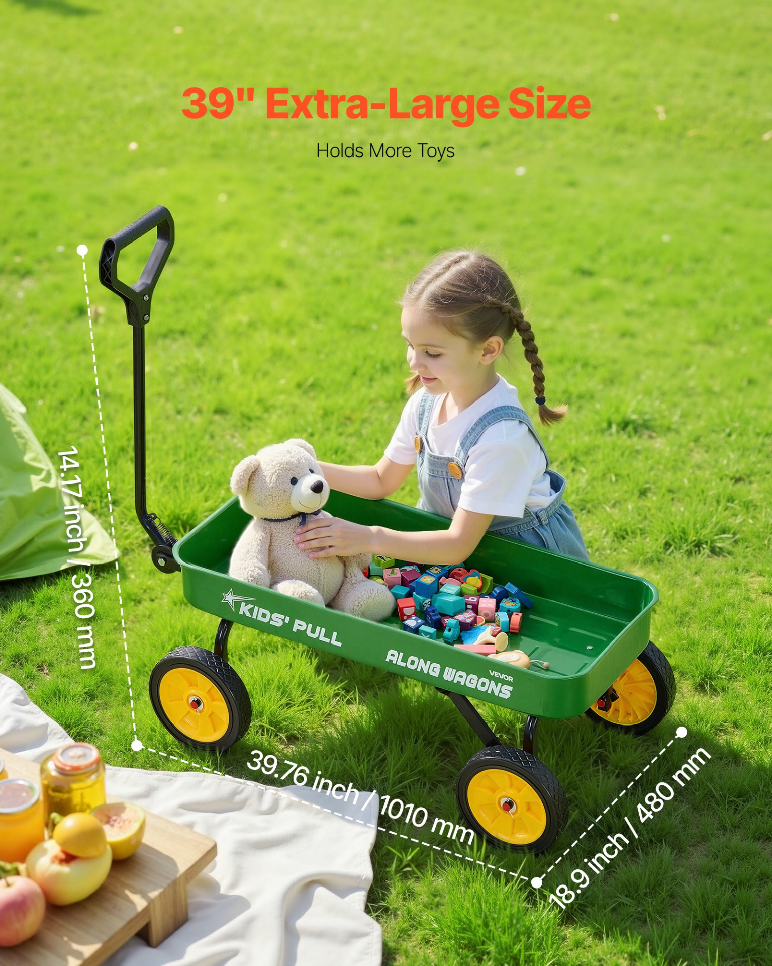 Kids Pull-Along Wagon Cart – 39 Inch All-Terrain Utility Wagon (Green)