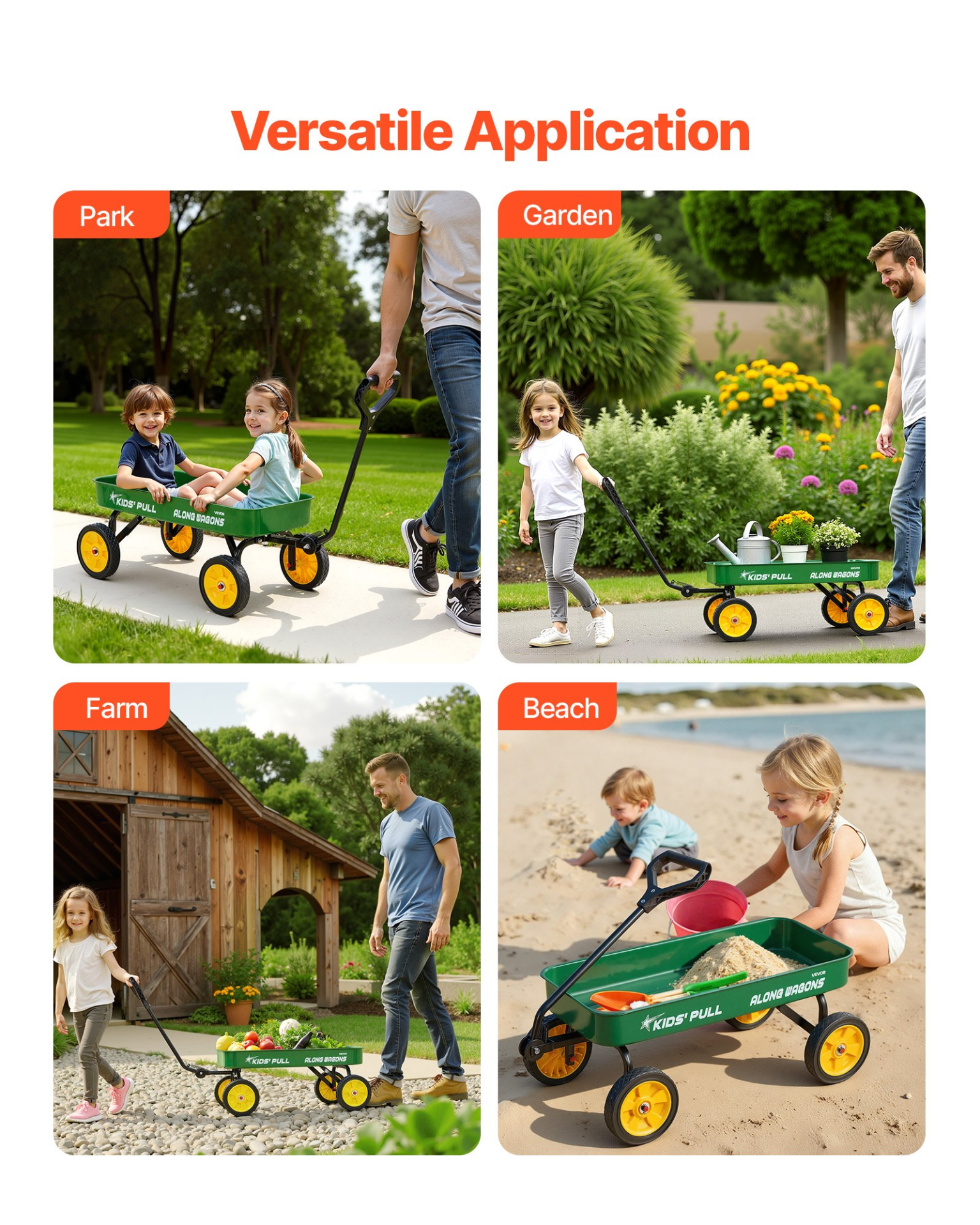 Kids Pull-Along Wagon Cart – 39 Inch All-Terrain Utility Wagon (Green)