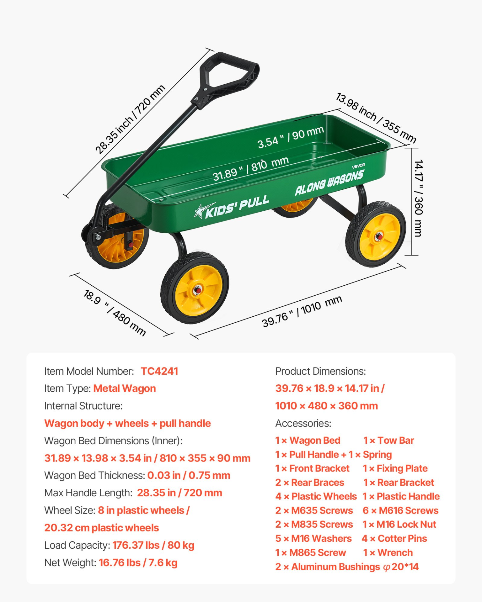 Kids Pull-Along Wagon Cart – 39 Inch All-Terrain Utility Wagon (Green)