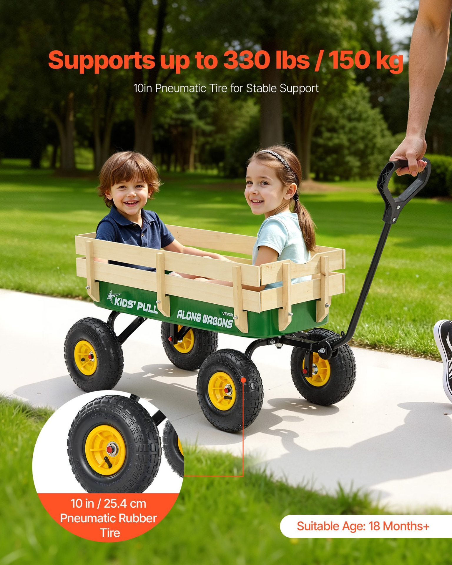 VEVOR Pull-Along Wagon for Kids, 39 inch Toddler Wagons with Wooden Panels & Handle, Supports up to 330 lbs, All-Terrain Utility Wagon Cart Birthday Present for Kids Gardening Beach, Green