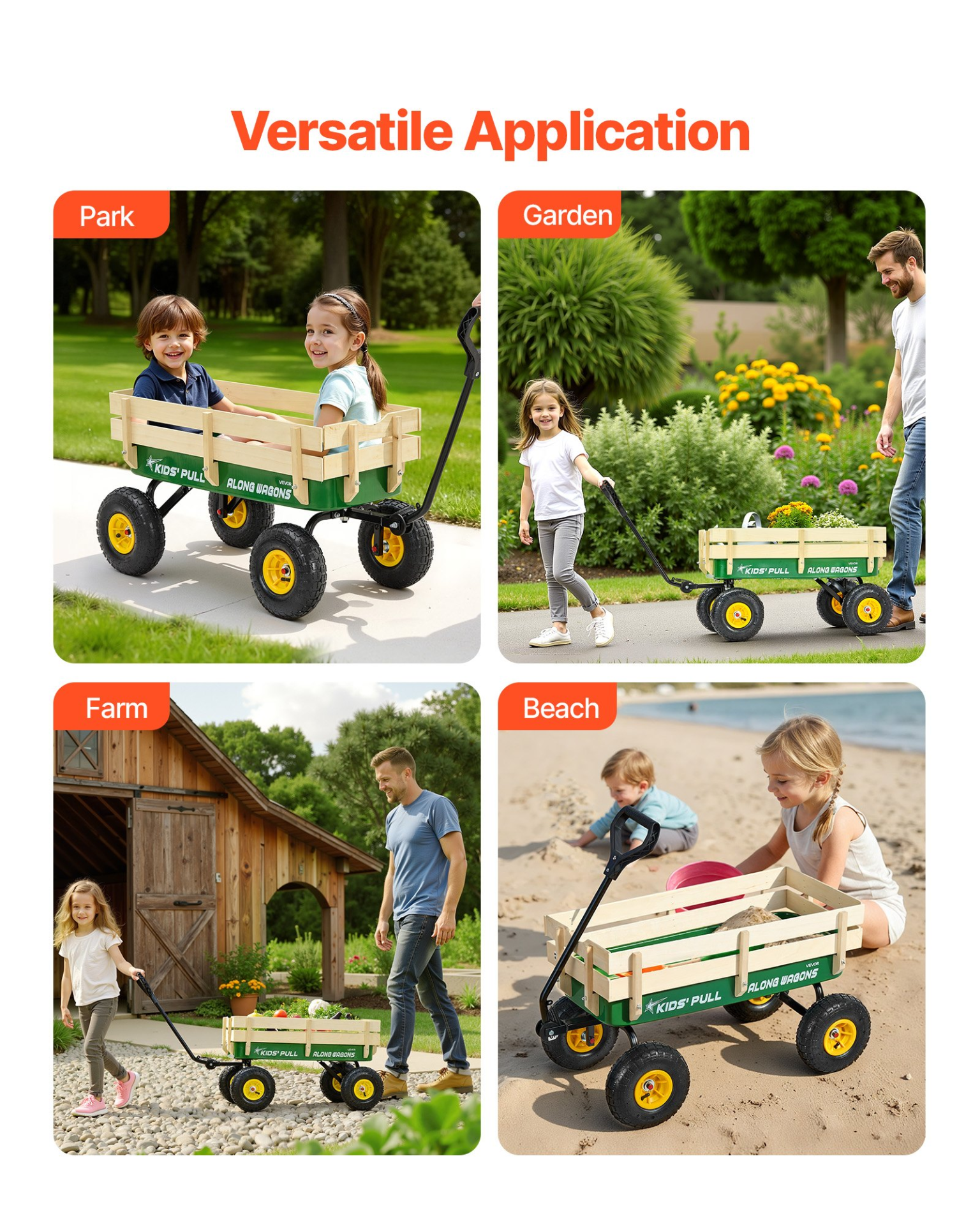 VEVOR Pull-Along Wagon for Kids, 39 inch Toddler Wagons with Wooden Panels & Handle, Supports up to 330 lbs, All-Terrain Utility Wagon Cart Birthday Present for Kids Gardening Beach, Green