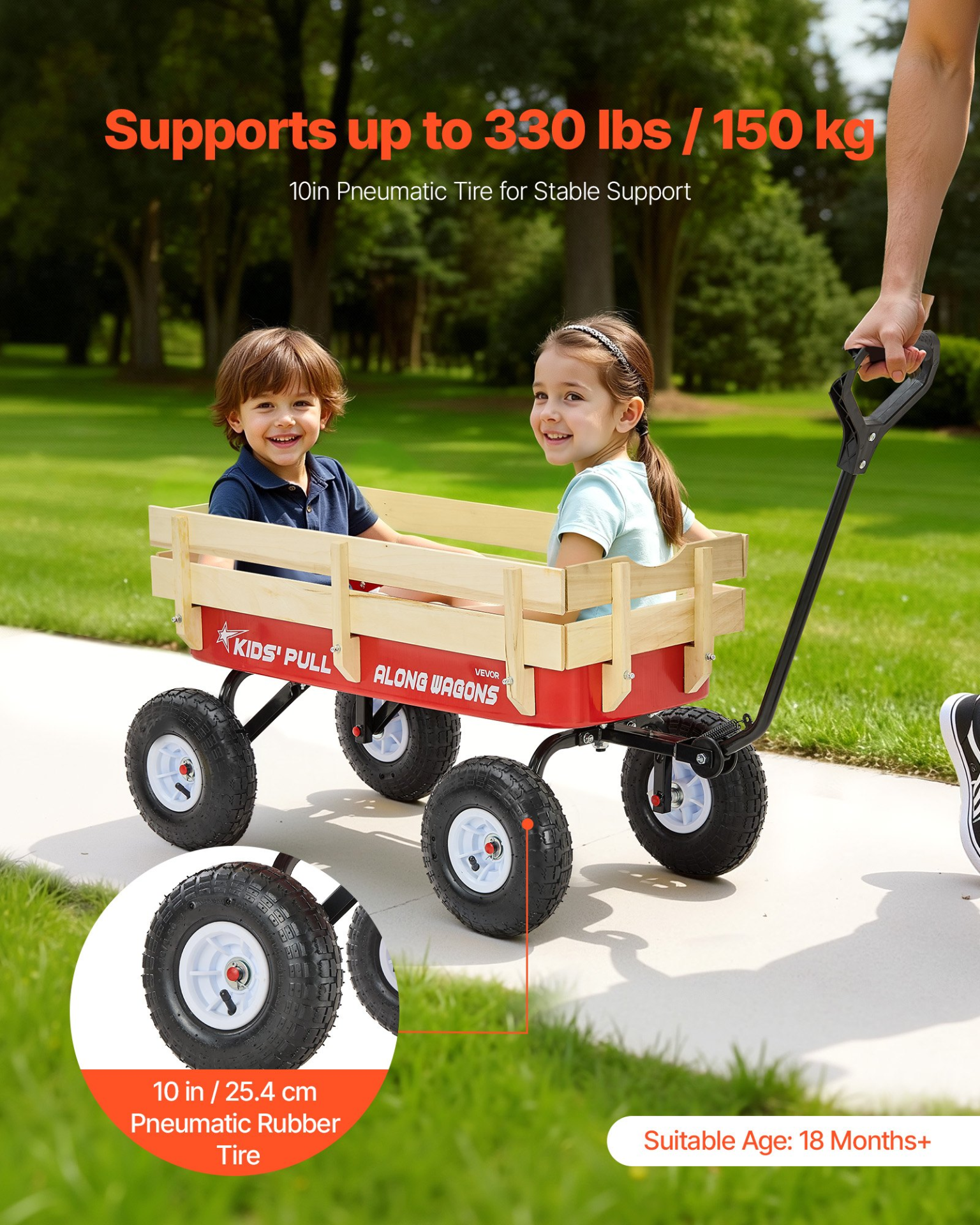 39" Kids Pull-Along Wagon – All-Terrain Wooden Panel Wagon Cart with Handle, Supports up to 330 lbs