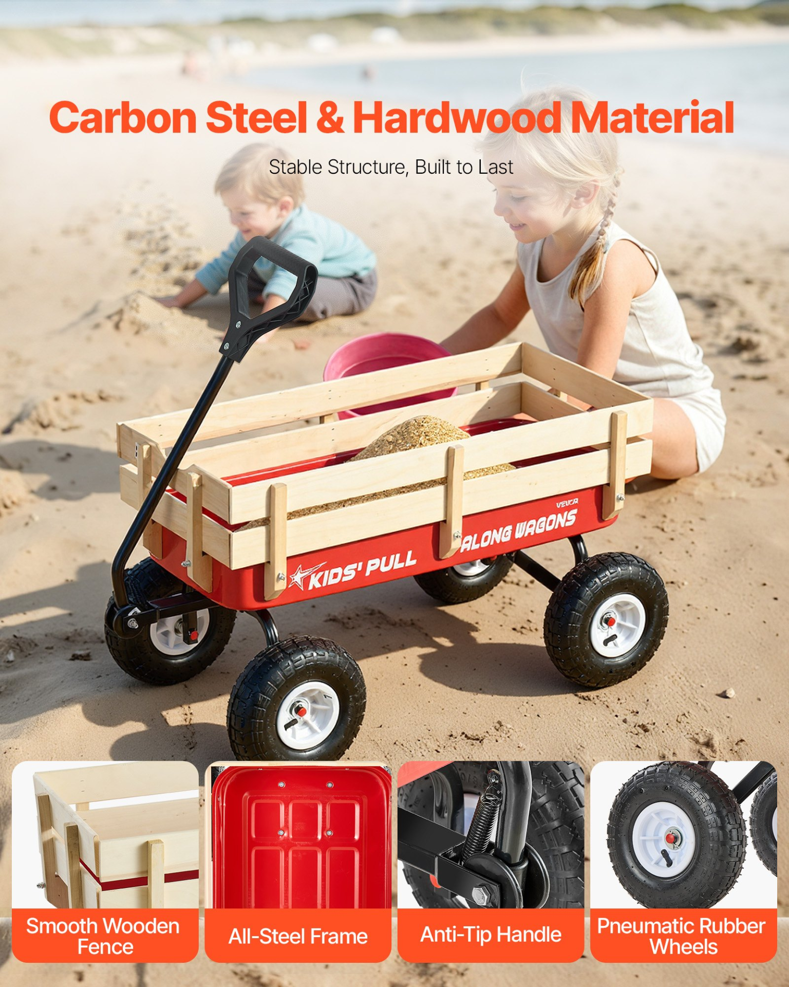39" Kids Pull-Along Wagon – All-Terrain Wooden Panel Wagon Cart with Handle, Supports up to 330 lbs