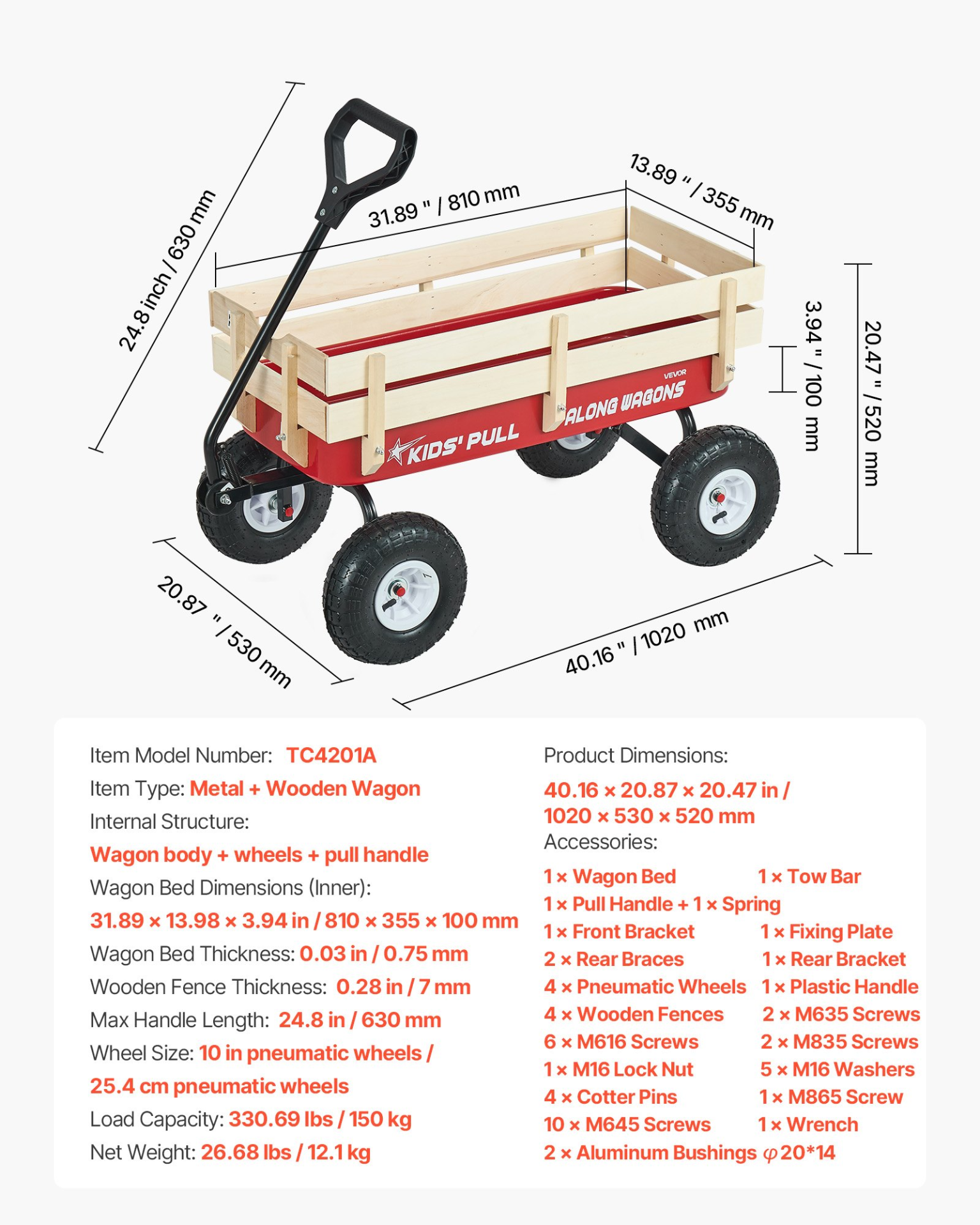 39" Kids Pull-Along Wagon – All-Terrain Wooden Panel Wagon Cart with Handle, Supports up to 330 lbs