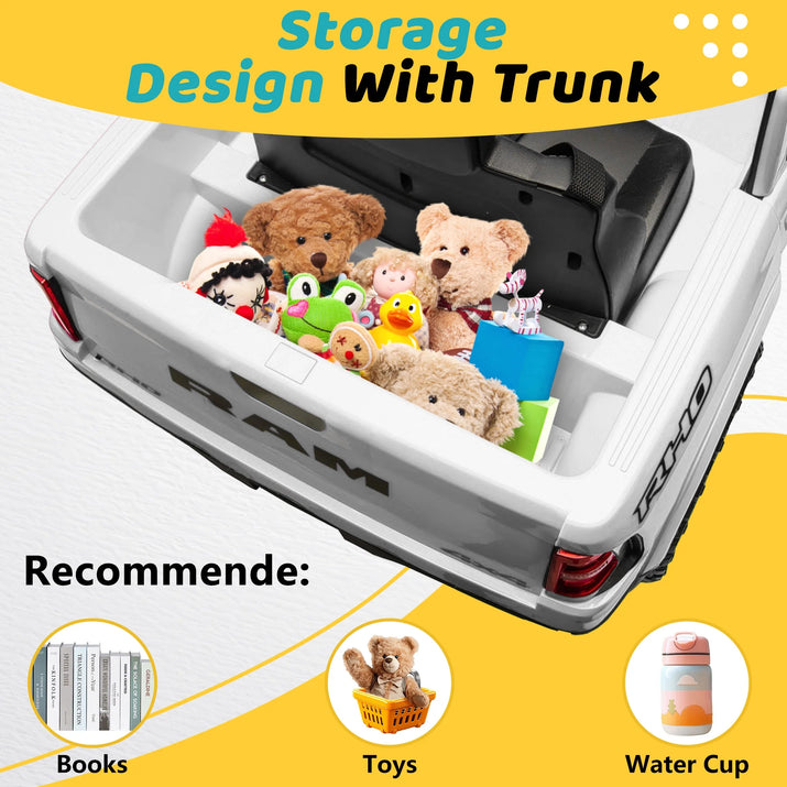 RAM 1500 Ride on Car Toy for Kids, 12V Powered Ride on Truck Toy with Remote Control, 4 Wheel Suspension, Safety Belt, Music, Bluetooth, LED Lights, Electric Cars for 3-5 Yrs Boy Girl, White