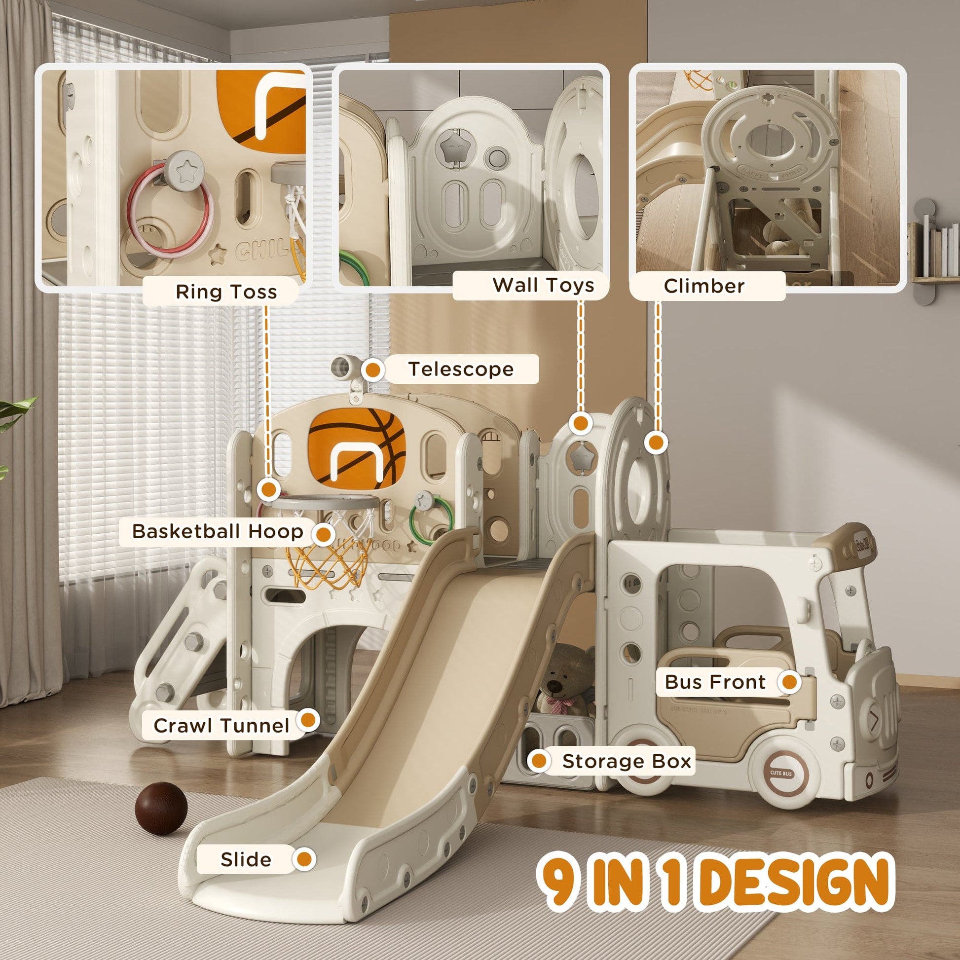 Qaba 9 in 1 Toddler Slide, Indoor Slide for Kids Ages 1-6, Car Themed Baby Slide with Basketball Hoop, Climber, Storage Space, Ring Toss, Telescope, Tunnel, Cream White - The Little Big Store