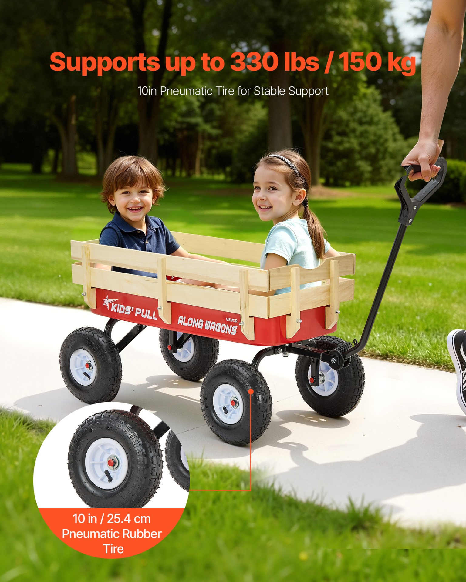 39" Kids Pull-Along Wagon – All-Terrain Wooden Panel Wagon Cart with Handle, Supports up to 330 lbs