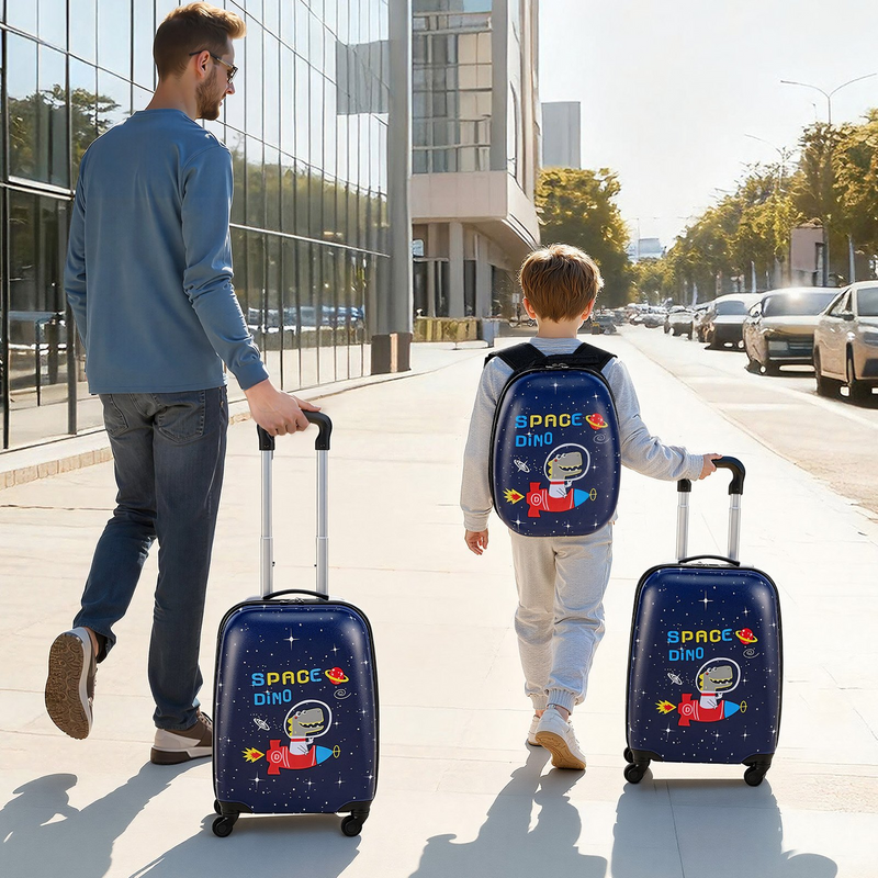 Kids 2-Piece Rolling Luggage Set – 18 Inch Dinosaur Hard Shell Suitcase with Backpack
