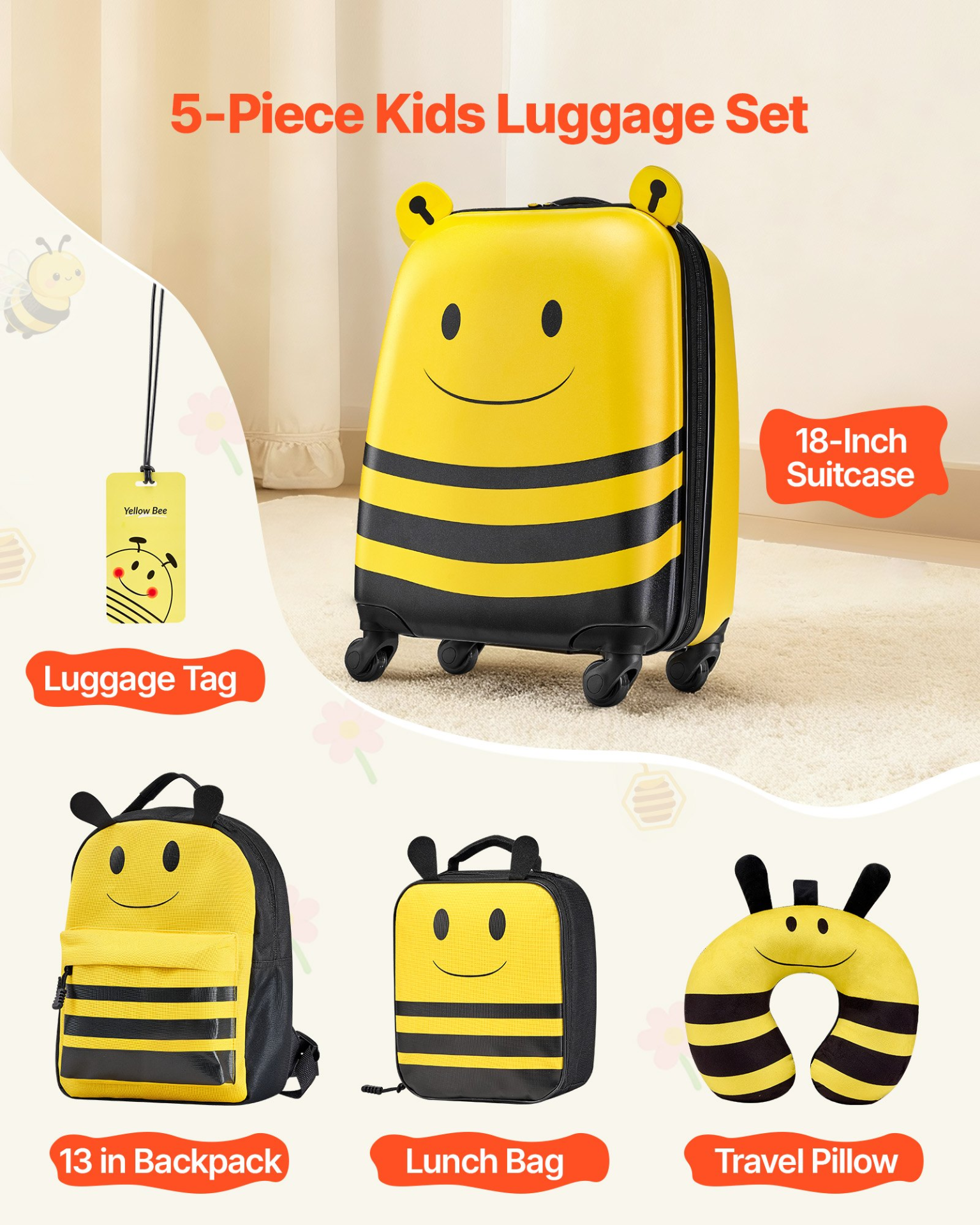 VEVOR Kids Luggage Set, 5 Piece, 18 Inch Hardside Rolling Wheels Suitcase with Backpack & U-shape Pillow, Bee Kids Carry on Luggage Set, Holiday Birthday Gift for Girls Boys, Airline Approved