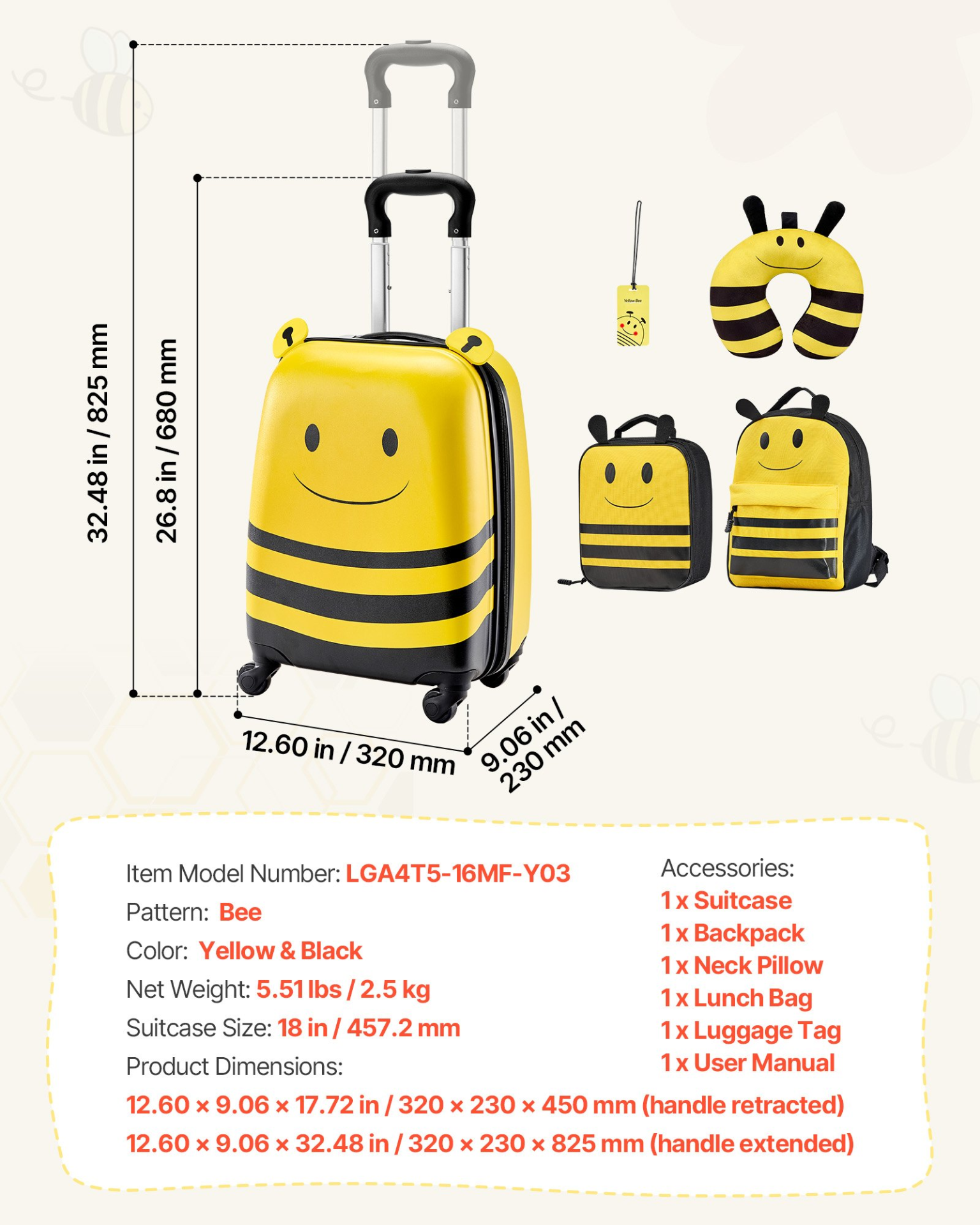 VEVOR Kids Luggage Set, 5 Piece, 18 Inch Hardside Rolling Wheels Suitcase with Backpack & U-shape Pillow, Bee Kids Carry on Luggage Set, Holiday Birthday Gift for Girls Boys, Airline Approved