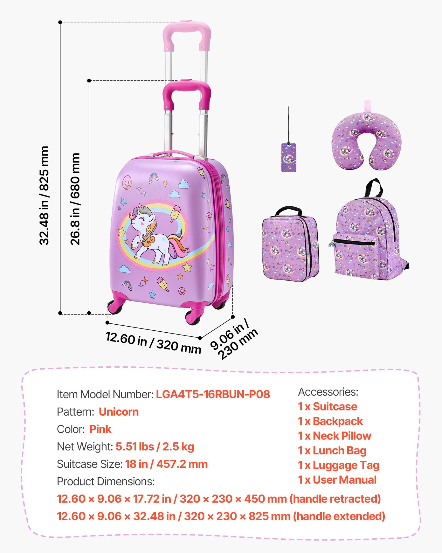 VEVOR Kids Luggage Set, 5 Piece, 18 Inch Hardside Rolling Wheels Suitcase with Backpack & U-shape Pillow, Unicorn Kids Carry on Luggage Set, Holiday Birthday Gift for Girls Boys, Airline Approved