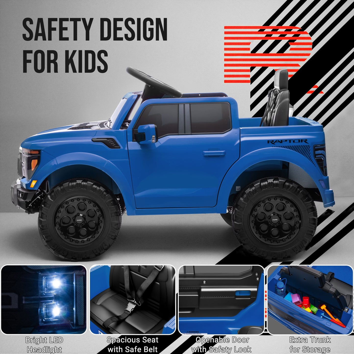 12V Ride on Cars with Remote Control, Licensed Ford F 150 Raptor Powered Ride on Toys with Bluetooth, Radio, LED Light, 4 Wheels Suspension, Kids Cars Electric Vehicles for Boys Girls Ages 3-6, Blue