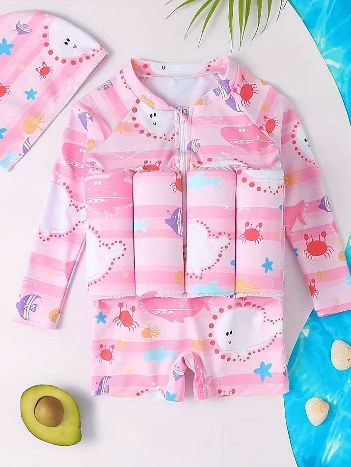 SplashSafe Kids' Buoyancy Swimsuit: Cartoon Print One-Piece Swimwear with Floating Rash Guards - The Little Big Store