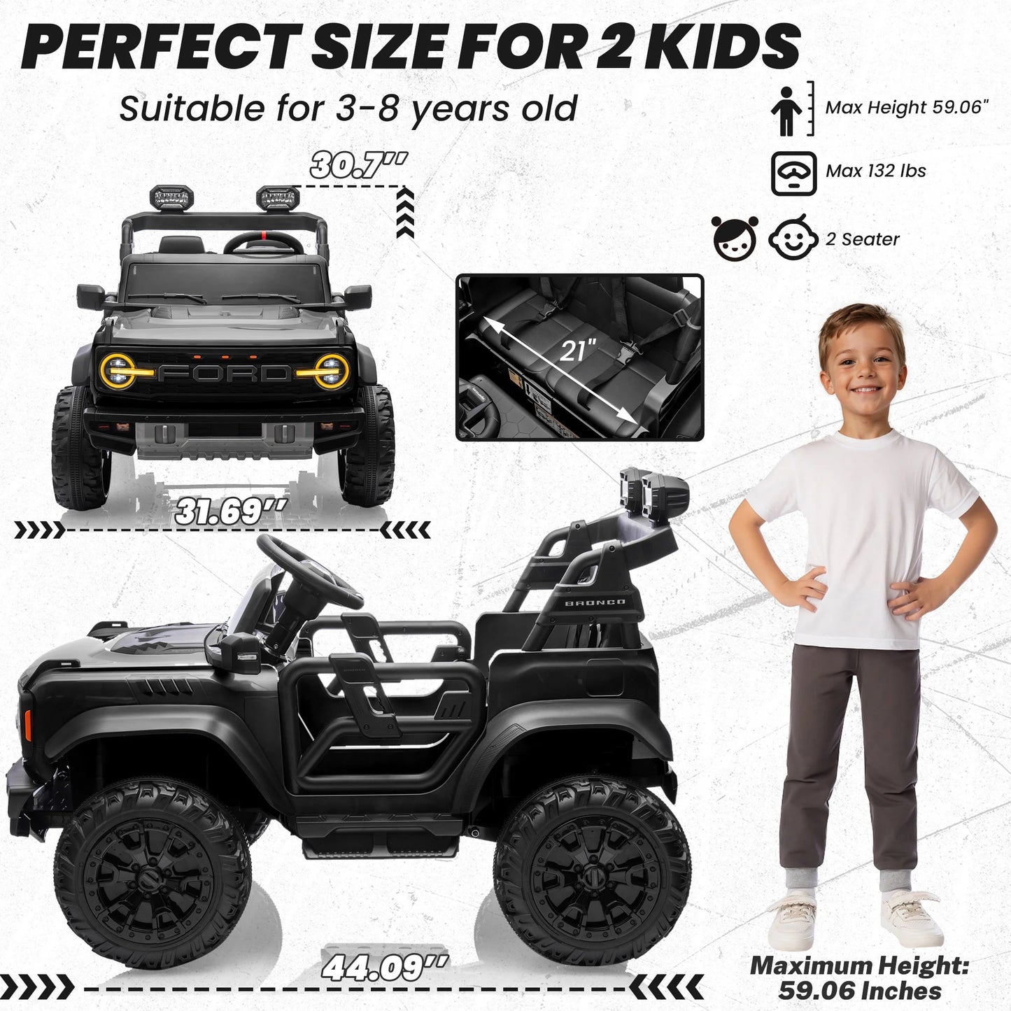 24V 2 Seater Ride on Cars, Licensed Ford Bronco Raptor Powered Ride on Toys Truck with Remote Control, 4 Wheels Spring Suspension, Bluetooth, LED Light, Electric Cars for Kids Ages 3-8 Gifts, Black