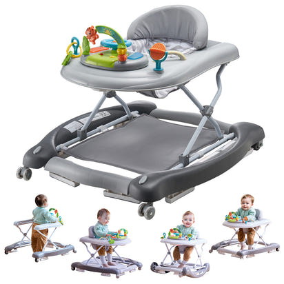 4-in-1 Baby Walker, Foldable Baby Activity Center on Wheels, 3 Adjustable Height, Music & Toys Tray, Learning-Seated,Walk-Behind,Rocker,Bouncer Toddler Walker for Girls Boys 6-24 Months