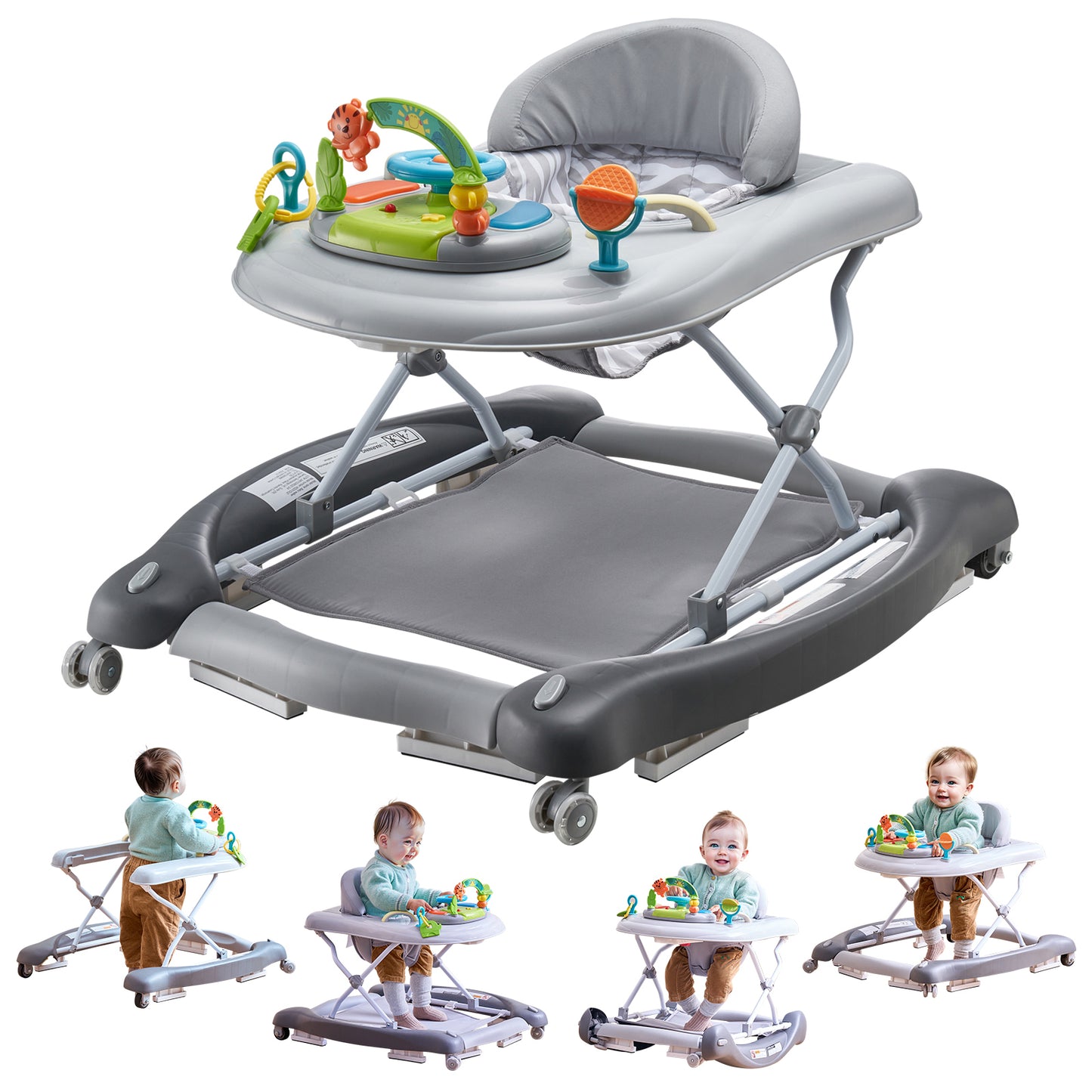 4-in-1 Baby Walker, Foldable Baby Activity Center on Wheels, 3 Adjustable Height, Music & Toys Tray, Learning-Seated,Walk-Behind,Rocker,Bouncer Toddler Walker for Girls Boys 6-24 Months