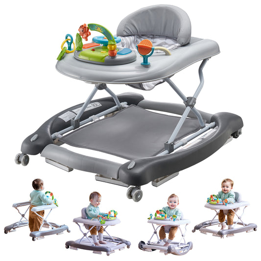 4-in-1 Baby Walker, Foldable Baby Activity Center on Wheels, 3 Adjustable Height, Music & Toys Tray, Learning-Seated,Walk-Behind,Rocker,Bouncer Toddler Walker for Girls Boys 6-24 Months