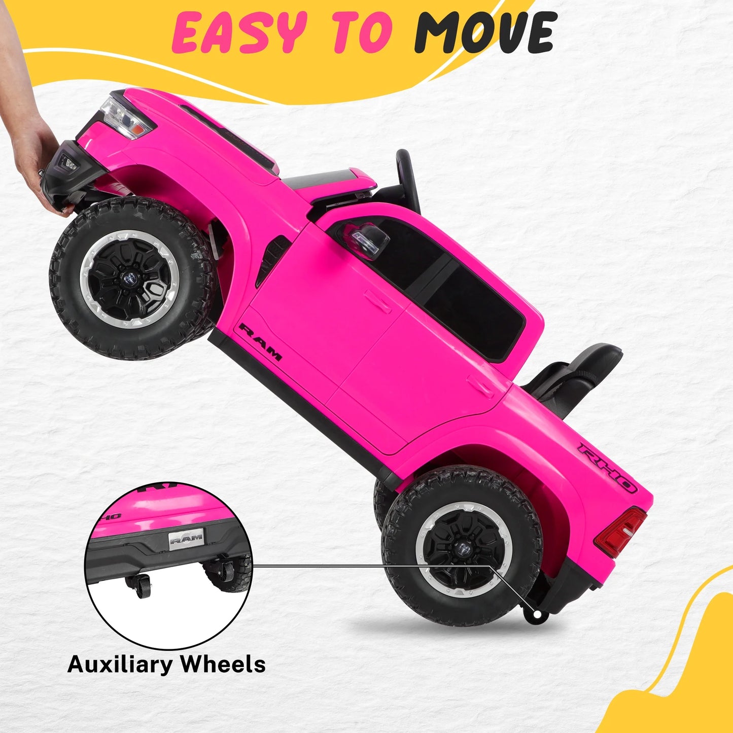 RAM 1500 Ride on Car Toy for Kids, 12V Powered Ride on Truck Toy with Remote Control, 4 Wheel Suspension, Safety Belt, Music, Bluetooth, LED Lights, Electric Cars for 3-5 Yrs Boy Girl, Pink