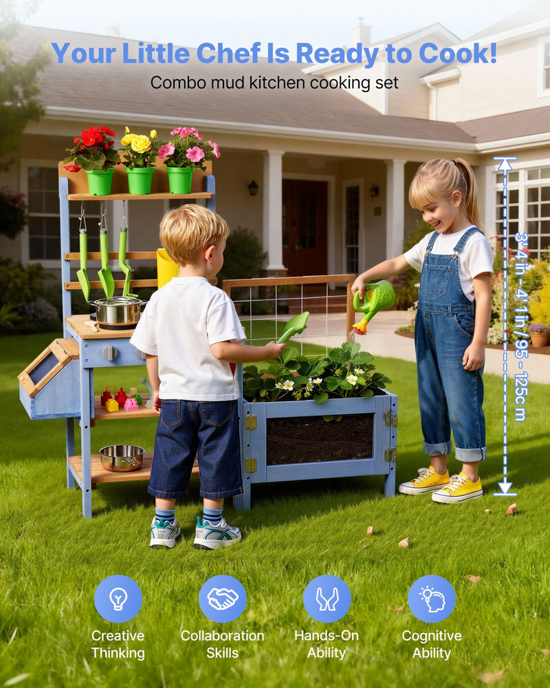 Outdoor Mud Kitchen for Kids, Wood Outdoor Play Kitchens with Planting Box, Critter Catcher Container, Tank, Sink, Cookware Pots and Accessories