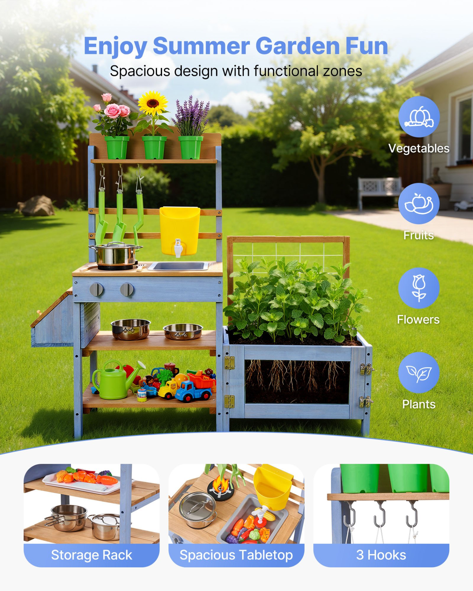 VEVOR Mud Kitchen, Outdoor Mud Kitchen for Kids, Wood Outdoor Play Kitchens with Planting Box, Critter Catcher Container, Tank, Sink, Cookware Pots and Accessories, Wooden Play Kitchens for Lawn, Yard