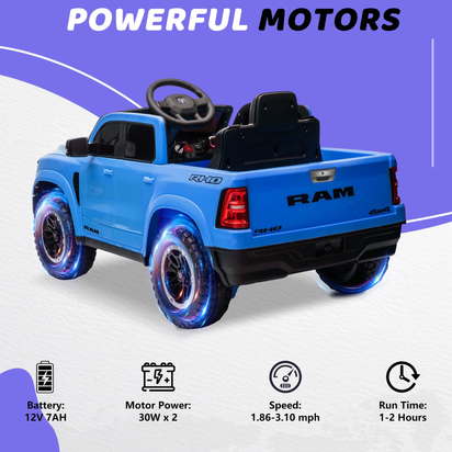RAM 1500 Ride on Car Toy for Kids, 12V Powered Ride on Truck Toy with Remote Control, 4 Wheel Suspension, Safety Belt, Music, Bluetooth, LED Lights, Electric Cars for 3-5 Yrs Boy Girl, Blue